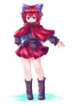  1girl absurdres black_boots black_shirt blue_capelet boots bow capelet commentary_request full_body hair_bow hajimakura highres long_sleeves looking_at_viewer purple_bow red_capelet red_eyes red_hair red_skirt ribbon-trimmed_bow ribbon_trim sekibanki sekibanki_day shirt skirt solo touhou twitter_username two-sided_capelet white_background 