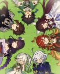  2boys 5girls biker_clothes bikesuit black_bodysuit bodysuit bow closed_eyes closed_mouth columbina_(genshin_impact) commentary_request day earrings eye_mask furina_(genshin_impact) genshin_impact grass hair_between_eyes hair_ornament happy head_wings highres jewelry long_hair mask mavuika_(genshin_impact) multicolored_hair multiple_boys multiple_girls nahida_(genshin_impact) on_ground orange_hair oroshi_122 outdoors plant purple_hair purple_streaks raiden_shogun red_bow scarf see-through_clothes see-through_mask streaked_hair sun_earrings venti_(genshin_impact) white_hair white_headdress white_mask white_wings wing_hair_ornament wings zhongli_(genshin_impact) 