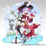  1girl absurdres animal_ears apple_caramel arm_up asymmetrical_legwear bare_shoulders black_hat black_shorts black_socks black_thighhighs blue_eyes braid breasts character_request commentary_request crop_top detached_collar detached_sleeves hat high_heel_sandals high_heels highleg highres long_hair long_sleeves looking_at_viewer medium_breasts micro_shorts midriff moon_rabbit_raising navel official_art panty_straps purple_hair rabbit_ears red_sandals red_shirt sandals shirt shorts single_thighhigh sleeveless sleeveless_shirt snowflakes socks solo stomach strapless strapless_shirt tail thigh_strap thighhighs thighs top_hat twin_braids twintails 