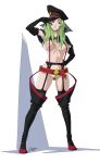  1girl black_gloves black_hat black_thighhighs blue_capelet breasts brown_eyes capelet colored_pubic_hair commentary_request commission elbow_gloves female_pubic_hair full_body garter_belt garter_straps gloves green_hair green_pubic_hair hand_on_own_hip hat highres himemura_saki large_breasts lingerie long_hair military_hat navel nipples parted_lips pubic_hair red_shoes shoes signature skeb_commission solo star_driver suspenders thighhighs underwear w w_over_eye watanabe_kanako 