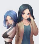  2girls arms_under_breasts blue_eyes blue_hair blue_shirt bodysuit breasts brown_jacket collarbone commentary crossed_arms green_hair grey_background hand_in_own_hair highres hinata_sun inazuma_eleven inazuma_eleven_(series) jacket kira_hitomiko large_breasts long_hair long_sleeves looking_at_another making-of_available multicolored_hair multiple_girls no_pupils open_clothes open_jacket shirt smile the_genesis two-tone_hair white_bodysuit white_hair yagami_reina 