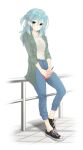  1girl absurdres against_railing alternate_costume aqua_eyes aqua_hair aqua_jacket beads black_shoes blue_pants blush breasts casual commentary_request contrapposto cross-laced_shoes cup denim disposable_cup earrings full_body hair_beads hair_behind_ear hair_between_eyes hair_ornament highres hirocchi holding holding_cup interlocked_fingers jacket jeans jewelry large_breasts long_hair long_sleeves looking_at_viewer no_socks one_side_up open_clothes open_jacket pants parted_lips railing ribbed_shirt riddle_joker shikibe_mayu shirt shoes sidelocks simple_background sneakers solo standing v_arms white_background white_shirt 