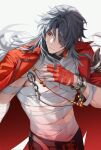  1boy bandaged_chest bandaged_hand bandages belt black_pants blade_(honkai:_star_rail) bracelet closed_mouth coat commentary cowboy_shot curtained_hair english_commentary floating_hair hair_over_one_eye highres honkai:_star_rail honkai_(series) jewelry lapels linea_alba long_hair looking_to_the_side male_focus metal_bracelet mortenax_blade_(honkai:_star_rail) navel official_alternate_costume one_eye_covered pants parted_bangs parted_hair red_coat red_eyes simple_background solcha solo very_long_hair white_background 