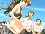  1girl 2boys blonde_hair blue_hair bow breasts brown_eyes brown_hair brown_vest building cleavage clothes_pull collarbone collared_shirt delinquent exhibitionism game_asset hakoiri_musume large_breasts long_hair miniskirt multiple_boys non-web_source official_art open_mouth outdoors panties pants pink_panties pleated_skirt public_indecency raised_inner_eyebrows school_uniform self-datamine shirt short_hair skirt skirt_pull sky smile standing tareme teeth the_seiji toujou_mizuho underwear undressing upper_teeth_only v-shaped_eyebrows very_short_hair vest visual_novel_cg 
