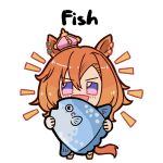  1girl animal_ears blush crown ear_ornament fish highres horse_ears horse_girl horse_tail manhattan_cafe_holding_a_fish_(meme) meme mini_crown ocean_sunfish orange_hair orange_tail pandamonium_(pandamon00) pink_crown purple_eyes simple_background solo t.m._opera_o_(umamusume) tail umamusume 