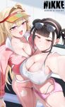  2girls absurdres black_choker black_hair blonde_hair breasts buruma choker clay_(cheer_up_training)_(nikke) clay_(nikke) cleavage commentary copyright_logo eyewear_on_head goddess_of_victory:_nikke hair_intakes highres jacket large_breasts logo long_hair looking_at_viewer midriff multiple_girls navel official_alternate_costume open_mouth pants panty_straps pink_buruma pink_eyes pink_jacket pink_pants revision short_hair smile sora_(nikke) sora_(spring_flight)_(nikke) sports_bra sportswear sunglasses sweat twintails very_long_hair visor_cap white_sports_bra yoga_pants zdj 