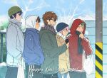  2026 5boys ace_of_diamond bag bare_tree black-framed_eyewear black_hair black_pants black_scarf blue_sky blush breath brown_eyes brown_hair closed_mouth coat commentary day duffel_coat english_commentary from_side furuya_satoru glasses green_hair green_jacket grocery_bag hand_in_pocket hands_in_pockets happy_new_year height_difference high_collar hood hood_up hooded_jacket jacket kominato_haruichi kuramochi_youichi looking_at_another male_focus mask miyuki_kazuya mouth_mask mouth_mask_under_chin multiple_boys nume_x outdoors pants pink_hair plastic_bag rectangular_eyewear red_jacket sawamura_eijun scarf shopping_bag sideburns sky snow snowing sparkle striped_clothes striped_pants sweater tree turtleneck turtleneck_sweater utility_pole vertical-striped_clothes vertical-striped_pants walking winter winter_clothes zipper zipper_pull_tab 