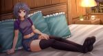  1girl bed black_thighhighs blurry blurry_background blush breasts closed_mouth cloud cloudy_sky commission cup depth_of_field feet frilled_pillow frills full_body grey_hair grey_shorts highres indoors kazenokaze long_hair medium_breasts mug night no_shoes on_bed original pillow purple_eyes purple_shirt shirt short_shorts short_sleeves shorts sitting skindentation sky smile solo thighhighs 