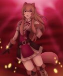  1girl :o aiming aiming_at_viewer animal_ear_fluff animal_ears armor belt black_dress blunt_bangs blurry blurry_background boots breastplate brown_belt brown_boots brown_gloves brown_hair commentary cowboy_shot double-parted_bangs dress dutch_angle elbow_gloves english_commentary gloves grey_armor hair_between_eyes holding holding_sword holding_weapon knee_boots layered_dress light_particles long_hair long_sleeves looking_at_viewer messy_hair metal_arm_cuffs metal_wrist_cuffs neck_ribbon neoabyss open_mouth pauldrons pink_eyes pinstripe_dress pinstripe_pattern pointing_melee_weapon pointing_sword raccoon_ears raccoon_girl raccoon_tail raphtalia red_background red_dress red_ribbon ribbon short_dress shoulder_armor single_pauldron sleeveless sleeveless_dress solo sword tail tanuki tate_no_yuusha_no_nariagari two-tone_dress v-shaped_eyebrows weapon white_dress 