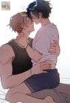  2boys black_hair black_tank_top blue_shorts blush bracelet chounke closed_mouth commentary dress_shirt ear_piercing earrings english_commentary english_text face-to-face fingernails grey_pants hand_on_another's_back hand_on_another's_hip heart highres jewelry male_focus meme_inset miyano_yoshikazu mole mole_under_eye multiple_boys nape_blush necklace on_bed orange_hair pants piercing sasaki_shuumei sasaki_to_miyano shared_speech_bubble shirt short_hair short_shorts shorts simple_background sitting sitting_on_lap sitting_on_person speech_bubble spoken_heart sweatpants t-shirt tank_top white_background white_shirt yaoi 