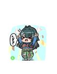  >_< 1girl antenna_hair arms_up black_hair blue_shirt blush_stickers chibi closed_eyes commentary_request flying_sweatdrops gakuen_idolmaster garakuta_road_(idolmaster) green_pants hair_intakes highres idolmaster kawamochi_(kawauti919) long_hair long_sleeves midriff navel open_mouth pants shirt shoes solo tiptoes translation_request trembling tsukimura_temari very_long_hair white_shoes 