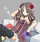  1girl black_legwear blue_eyes bow brown_hair choker dress flat_chest flower gloves hair_flower hair_ornament lace long_hair lying multicolored multicolored_clothes multicolored_legwear original rose sitting sketch solo thighhighs 