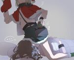  ... 2girls absurdres awkward bang_dream! bang_dream!_it's_mygo!!!!! brown_hair capelet christmas commentary_request eyes_out_of_frame frown fur-trimmed_capelet fur-trimmed_skirt fur_trim green_hair green_skirt grey_background head_out_of_frame highres long_hair lying multiple_girls nagasaki_soyo on_back red_capelet shirt simple_background skirt spoken_ellipsis under_covers wakaba_mutsumi white_shirt yuan_shuang yuri 