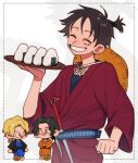  3boys ^_^ black_hair blonde_hair blue_kimono chibi chinese_commentary clenched_hand clenched_teeth closed_eyes commentary_request food freckles hat holding japanese_clothes kimono male_focus monkey_d._luffy multiple_boys one_piece onigiri orange_kimono ponytail portgas_d._ace red_kimono sabo_(one_piece) sash scar scar_on_face straw_hat striped_clothes striped_kimono teeth vertical-striped_clothes vertical-striped_kimono wuliu_heihuo 