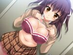  1girl aomi_riru black_hair blush bra breasts brown_skirt cardigan cleavage closed_mouth clothes_lift collarbone cowboy_shot dutch_angle game_asset hair_between_eyes hair_ribbon hands_up indoors kogure_miori large_breasts large_variant_set lifting_own_clothes long_hair looking_at_viewer miniskirt non-web_source official_art pleated_skirt raised_inner_eyebrows red_bra ribbon school_uniform self-datamine shirt_lift sidelocks skirt smile solo toilet toilet_stall two_side_up underwear variant_set visual_novel_cg white_ribbon yellow_eyes yumemi_ga_cheek! 