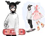 2girls 44insects animal_hat black_pants blush brown_hair capelet dress frilled_dress frills hair_ornament hat heart holding holding_hands holding_skateboard humanization implied_yuri kuromi multiple_girls my_melody my_melody_(series) pants pink_capelet pink_dress pom_pom_(clothes) rabbit_hat roller_skates sanrio skateboard skates skull_hair_ornament sweater tomboy white_sweater 