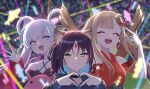  3girls absurdres animal_ear_fluff animal_ears black_choker blonde_hair blue_eyes blue_hair blue_kimono blurry blurry_background blush cho_kaguya-hime! choker clothing_cutout colored_inner_hair commentary crescent crescent_hair_ornament forehead_jewel fox_ears fox_girl glint green_eyes hair_ornament hair_rings hair_stick highres japanese_clothes kaguya_(cho_kaguya-hime!) kimono koora_aisu long_hair long_sleeves medium_hair multicolored_eyes multicolored_hair multiple_girls off_shoulder open_mouth pink_eyes pink_hair rabbit_ears rabbit_girl red_kimono runami_yachiyo sakayori_iroha shoulder_cutout two-tone_eyes v waving white_hair 