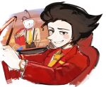  2boys ant_tenna black_hair black_pants blush border brown_eyes coat collared_shirt commentary_request cropped_legs cropped_torso deltarune driving gold_buckle hair_slicked_back highres humanization jacket jacket_on_shoulders long_nose looking_at_viewer male_focus multiple_boys necktie no_eyes pants parted_lips personification red_coat shirt sleeves_rolled_up smile spamton_g._spamton sunset suspenders teeth television utdr_(toby_fox) watappe watch white_border wristwatch yellow_necktie 