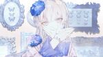 1girl 27_wre blue_butterfly blue_eyes blue_flower blue_sleeves bug butterfly commentary_request covering_own_mouth earrings flower frilled_sleeves frills gloves gradient_hair hair_flower hair_ornament hand_over_own_mouth highres hinako_(myth_hydrangea) hydrangea hydrangea_hair_ornament indie_utaite jewelry long_hair long_sleeves looking_at_viewer multicolored_hair multicolored_sleeves painting_(object) picture_frame shirt sidelocks single_earring solo upper_body video_thumbnail watermark white_background white_gloves white_hair white_shirt youtube_video_thumbnail 