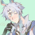  1boy animal_ear_piercing animal_ears aqua_background black_gloves blue_eyes blue_scales blue_tunic blush braid chinese_commentary circlet closed_mouth collared_shirt commentary_request earrings gloves gold_earrings grey_hair hair_over_shoulder hand_up high_collar highres infinity_nikki jewelry leaning_forward light_frown long_hair looking_at_viewer male_focus meghill_(infinity_nikki) multiple_earrings necklace nikki_(series) nostrils parted_bangs rabbit_boy rabbit_ears shirt shy simple_background single_braid slit_pupils solo speech_bubble spoken_blush tsuki0219 tunic upper_body vest white_shirt white_vest 