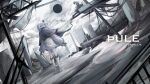  1boy 1girl black_cloak black_coat black_gloves black_poncho building camellia_(cametek) camellia_(musician) chain-link_fence cityscape cloak cloud cloudy_sky coat concrete copyright_name covered_mouth dutch_angle fence full_body gloves hair_ornament high_collar highres highway muted_colors pillar poncho post-apocalypse prosthesis prosthetic_leg red_hair sherii_dx skirt sky skyscraper solo_focus song_name title uichan_(camellia) wasteland white_eyes white_hair white_skirt wreckage 
