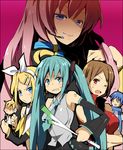  4girls aqua_hair armpits everyone hatsune_miku kagamine_len kagamine_rin kaito kl long_hair megurine_luka meiko multiple_boys multiple_girls smile spring_onion sweat twintails very_long_hair vocaloid 