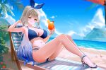  1girl absurdres arm_behind_head arm_up armpits bare_arms bare_shoulders beach bikini blue_bikini blue_hair breasts chaperina_philosys cleavage commentary_request commission cup day ddeumbugi drinking_glass gradient_hair grin high_heel_sandals high_heels highleg highleg_bikini highres holding holding_cup hurricane_glass knees_up korean_commentary large_breasts long_hair looking_at_viewer multi-strapped_bikini_bottom multicolored_hair nail_polish navel original outdoors pointy_ears sandals sitting smile solo stomach string_bikini swimsuit thighs toenail_polish toenails two-tone_hair very_long_hair white_hair yellow_eyes 