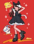  1girl animal_ear_hairband animal_ears arm_up armpits back_bow black_boots black_bow black_dress black_eyes black_hair black_hairband blue_headband boots bow cat_ear_hairband cat_ears cat_tail closed_eyes commentary_request creature dress earrings fake_animal_ears full_body gloves glowstick hairband headband high_heel_boots high_heels holding holding_glowstick holding_microphone idol jewelry long_hair microphone norixio open_mouth original ozzy_&amp;_betty_(norixio) red_background sleeveless sleeveless_dress smile standing standing_on_one_leg star_(symbol) star_earrings tail twitter_username watermark white_gloves 