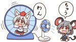  2girls animal_ear_fluff animal_ears black_skirt black_vest blue_capelet capelet chibi chibi_only commentary_request detached_sleeves electric_fan full_body grey_hair hamster_wheel hat highres inubashiri_momiji jewelry long_sleeves mouse_ears mouse_girl mouse_tail multiple_girls nazrin necklace open_mouth pendant pom_pom_(clothes) red_eyes red_skirt ribbon-trimmed_sleeves ribbon_trim shitacemayo simple_background skirt smile speech_bubble tail tokin_hat touhou translation_request two-tone_skirt vest white_background wolf_ears wolf_girl wolf_tail 