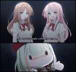  3girls bang_dream! bang_dream!_it's_mygo!!!!! black_background blue_eyes bow bowtie brown_hair chain's chihaya_anon commentary_request english_text green_hair highres long_hair long_sleeves mahou_shoujo_madoka_magica make_a_contract mitakihara_school_uniform mortis_(bang_dream!) mortis_(costume)_(bang_dream!) multiple_girls mygo!!!!!_(bang_dream!) nagasaki_soyo parody parted_lips pink_hair red_bow red_bowtie school_uniform shirt simple_background subtitled sweatdrop wakaba_mutsumi wakaba_mutsumi_(doll) white_shirt 