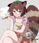  1girl animal_ears brown_dress brown_eyes commentary_request crossed_legs dress futatsuiwa_mamizou glasses gourd grey_background holding holding_smoking_pipe leaf leaf_on_head open_mouth raccoon_ears raccoon_girl raccoon_tail round_eyewear short_sleeves simple_background smile smoking_pipe solo tail tokkuri touhou yoihebi 