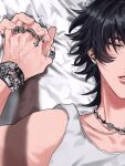  2boys aegyo_sal barbell_piercing black_eyes black_hair blurry bracelet chain chain_bracelet chrome_hearts_(brand) commentary depth_of_field ear_piercing earrings english_commentary eyelashes glint half-closed_eyes highres holding_hands implied_yaoi industrial_piercing jewelry looking_ahead lying mole mole_on_hand mole_under_eye mole_under_mouth mullet multiple_boys multiple_bracelets multiple_necklaces multiple_rings necklace on_back on_bed original parted_lips piercing ring silver_bracelet silver_earrings silver_necklace solo_focus spiked_bracelet spikes split_crop station_necklace tank_top teeth tsumoi_(infinity) veins veiny_hands watch white_tank_top wristwatch 