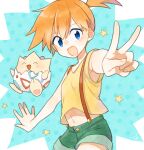  1girl ^_^ ark_kan blue_eyes blush closed_eyes commentary_request green_shorts hair_between_eyes looking_at_viewer midriff misty_(pokemon) navel open_mouth orange_hair pokemon pokemon_(anime) pokemon_(classic_anime) pokemon_(creature) shirt short_shorts shorts side_ponytail simple_background sleeveless sleeveless_shirt star_(symbol) suspenders togepi v yellow_shirt 