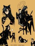  1boy 5girls adler_(signalis) android animal_ears black_hair blue_eyes cat_ears cat_girl cat_tail chair clenched_teeth copyright_name cropped_torso crossed_legs dated elster_(signalis) eyeshadow facial_mark falke_(signalis) fingernails forehead_mark fune_(nkjrs12) hair_ornament halo hand_on_own_hip highres kemonomimi_mode kolibri_(signalis) lifting_person long_hair looking_at_another makeup multiple_girls multiple_views office_chair on_chair red_eyeshadow sharp_fingernails short_hair signalis signature simple_background sitting sitting_on_lap sitting_on_person skin_seams spoken_sweatdrop sweatdrop swept_bangs swivel_chair tail teeth yellow_background 