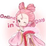  1girl artist_request bare_shoulders bead_bracelet beads blowing_kiss bow-shaped_hair bracelet brown_eyes collar cosplay cowboy_shot daji_(nezha_chuanqi) daji_(nezha_chuanqi)_(cosplay) detached_collar dot_nose dress earrings english_text finger_to_cheek floral_print folding_fan forehead fur-trimmed_fan hagoromo hand_fan highres holding holding_fan jewelry large_earrings light_blush lipstick long_sleeves makeup medium_hair nezha_chuanqi nikki_(nikki) nikki_(series) official_art one_eye_closed outline parted_lips pink_background pink_collar pink_hair pink_lips pink_robe pom_pom_(clothes) pom_pom_earrings print_robe red_dress robe second-party_source shawl shining_nikki solo standing strapless strapless_dress two-tone_background white_background white_outline wide_sleeves 