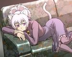  animal_ears bell cat_ears cat_tail couch darker_than_black dress jingle_bell kemonomimi_mode long_hair lying pantyhose pink_eyes ponytail purple_dress solo tail ueyama_michirou white_hair yin 