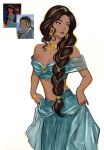  1girl arabian_clothes avatar_legends bandeau beads blue_eyes bracelet braid breasts brown_hair chococurrent commentary cosplay cowboy_shot dark-skinned_female dark_skin earrings eyelashes gold_bracelet gold_earrings gold_necklace hair_beads hair_ornament hair_over_shoulder harem_pants highres jasmine_(disney) jasmine_(disney)_(cosplay) jewelry katara long_hair looking_to_the_side midriff multiple_bracelets narrow_waist navel necklace off-shoulder_bandeau off_shoulder pants reference_inset simple_background small_breasts untranslatable_commentary very_long_hair 