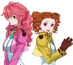  back-to-back brown_hair celestial_being_uniform curly_hair feldt_grace gloves green_eyes gundam gundam_00 hair_ornament higi_(rodriguez) jacket mileina_vashti multiple_girls pink_hair ponytail purple_eyes smile twintails 