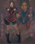  1girl absurdres aiming aiming_at_viewer andrewmalique bike_shorts brown_hair character_name claire_redfield commentary denim denim_shorts grenade_launcher gun handgun highres holding holding_gun holding_weapon jacket m79 ponytail red_jacket resident_evil resident_evil_2 shorts solo weapon 