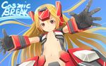  barcode blonde_hair cosmic_break crimrose flat_chest gloves hands long_hair mecha_musume navel outstretched_arms reaching red_eyes revealing_clothes sody solo 