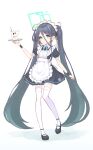  1girl absurdly_long_hair absurdres alternate_costume apron aqua_halo aqua_ribbon aris_(blue_archive) aris_(maid)_(blue_archive) black_dress black_shoes black_wrist_cuffs blue_archive blue_eyes blue_hair blush borrowed_clothes commentary_request cup dress dress_shoes drink expressionless frilled_apron frills full_body gradient_hair gradient_halo green_halo hair_behind_ear halo highres holding holding_cup holding_drink holding_plate long_hair looking_at_viewer maid maid_apron maid_headdress multicolored_hair multicolored_halo number_print official_alternate_costume open_mouth outstretched_arm plate ponytail puffy_short_sleeves puffy_sleeves rectangular_halo ribbon sepia_(kilikasumi) shadow shoes short_sleeves simple_background solo standing standing_on_one_leg thighhighs thighs very_long_hair white_apron white_background white_thighhighs wrist_cuffs 