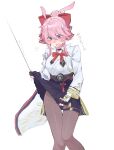  1girl animal_ears black_pantyhose blue_skirt blush bow bowtie breasts clothes_lift commentary evanescia_(honkai:_star_rail) fishing_line flower fox_ears fox_girl hair_flower hair_ornament highres honkai:_star_rail honkai_(series) jacket large_breasts pantyhose pink_hair purple_eyes red_bow red_bowtie school_uniform shirt short_hair_with_long_locks simple_background skirt skirt_lift solo str_kope untranslatable_commentary white_background white_jacket white_shirt 