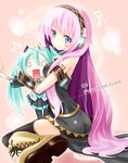  aqua_hair bad_id bad_pixiv_id between_breasts blue_eyes blush breasts hachune_miku hatsune_miku headphones holding hug kneeling komone_ushio loituma long_hair medium_breasts megurine_luka multiple_girls musical_note necktie o_o pink_hair sitting smile spring_onion thighhighs vocaloid wariza 