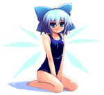  barefoot blue_eyes blue_hair blush cirno one-piece_swimsuit ribbon school_swimsuit shin_(new) short_hair sitting solo swimsuit touhou v_arms wariza wings 