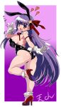  1girl absurdres animal_ears ass bb_(fate) black_leotard breasts commentary_request commission fate/extra fate/extra_ccc fate/grand_order fate_(series) full_body gloves high_heels highres large_breasts leotard long_hair pixiv_commission playboy_bunny purple_eyes purple_hair rabbit_ears smile solo standing standing_on_one_leg uzuki_tenchan v very_long_hair 