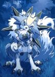  7_phi_3 alternate_color blue_eyes blue_theme claws commentary_request grass highres lycanroc lycanroc_(midday) mouth_hold no_humans pokemon pokemon_(creature) pokemon_focus rockruff spikes 