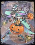 1boy antennae awii blue_hair cape eyepatch full_body halloween halloween_costume hat head_wings holding holding_scepter insect_wings jack-o'-lantern looking_at_viewer low_wings male_focus multiple_wings orange_eyes orange_vest original pumpkin_costume scepter short_hair solo striped_clothes striped_thighhighs suspenders thighhighs vest wings witch_hat zoom_layer 