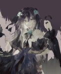  1girl absurdres arcaea bib_collar black_bow black_bowtie black_capelet black_dress black_flower black_hair black_rose black_umbrella blue_corset blue_flower blue_rose bow bow_flower bowtie candle_(user_pyjk2374) capelet closed_umbrella collar commentary corset dress dress_bow flower frilled_collar frilled_sleeves frills grey_eyes hair_flower hair_ornament hair_ribbon highres holding holding_umbrella long_hair long_sleeves looking_at_viewer pleated_capelet ribbon rose smile solo tairitsu_(arcaea) tairitsu_(grievous_lady)_(arcaea) umbrella 