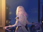  1girl belt black_belt blue_hairband bright_pupils brown_coat castorice_(honkai:_star_rail) castorice_(luckin_coffee)_(honkai:_star_rail) closed_mouth coat commentary_request contemporary cowboy_shot cup disposable_coffee_cup disposable_cup floating_hair grey_skirt hairband highres holding holding_cup honkai:_star_rail honkai_(series) jiuleyan light_particles long_hair long_sleeves looking_at_viewer low_twintails night official_alternate_costume open_clothes open_coat outdoors pointy_ears purple_eyes purple_hair skirt smile solo sweater turtleneck turtleneck_sweater twintails very_long_hair white_sweater 