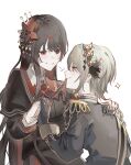  2girls absurdres armband black_capelet black_coat black_gloves black_hair black_shirt black_skirt blonde_hair capelet closed_mouth coat collared_shirt commentary_request crown diamond_hair_ornament epaulettes flower gloves hair_flower hair_ornament hasumi_leia high_collar highres holding_hands interlocked_fingers layered_skirt long_hair long_skirt long_sleeves looking_at_another mahou_shoujo_no_majo_saiban mouth_hold multiple_girls necktie necktie_in_mouth neyama nikaido_hiro pleated_capelet red_armband red_eyes red_necktie sash shirt short_hair shoulder_sash side_capelet simple_background skirt smile white_background white_gloves white_shirt yellow_eyes yuri 